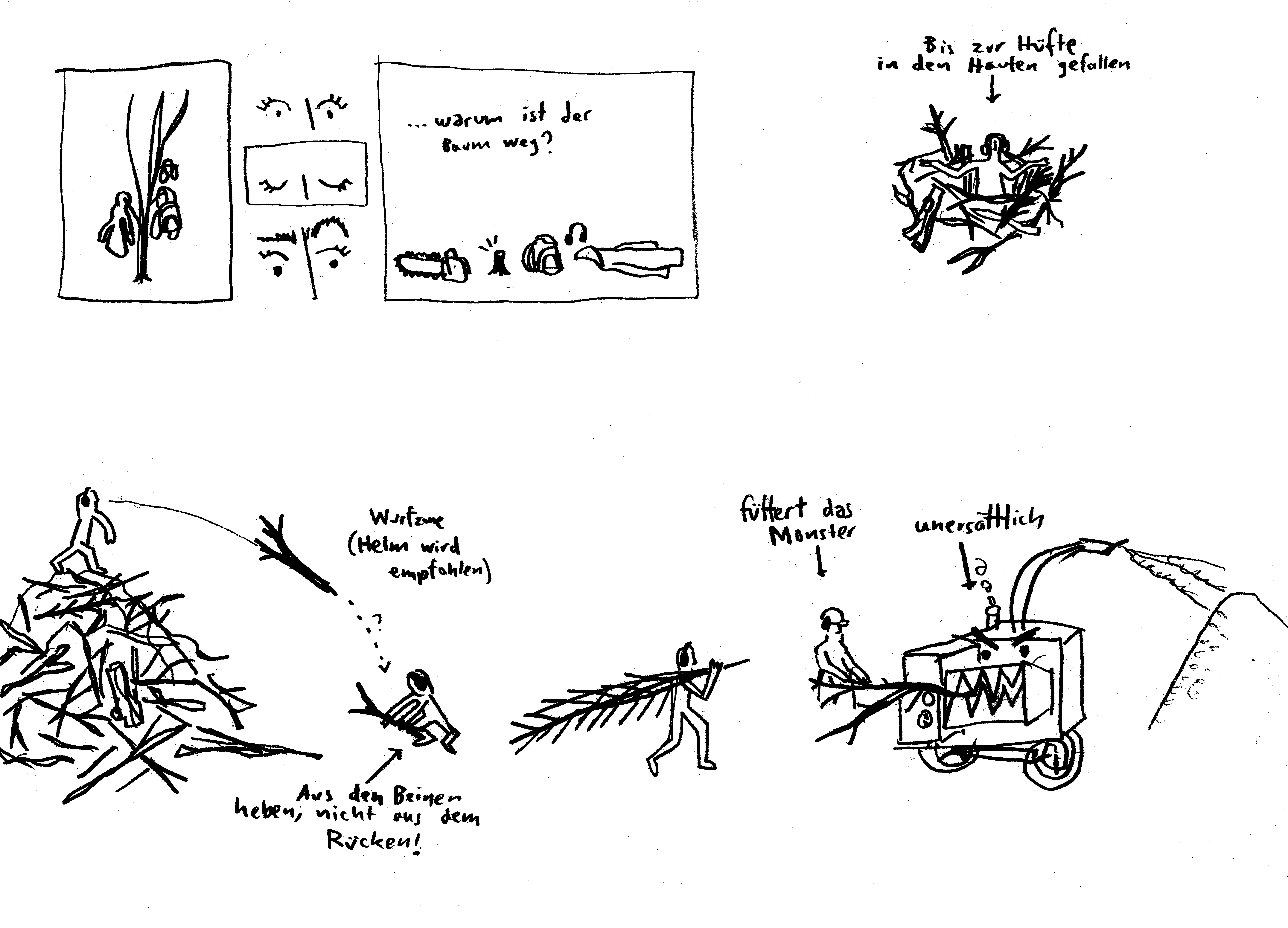 ein mit Bleistift gekrakelter comic über meine Arbeit: 
    im ersten panel sieht man einen Baum, an dem ein Rucksack und eine Jacke hängen. 
    In den nächsten drei Panels blinzelt ein Augenpaar im Close-Up, 
    im nächsten Panel ist der Baum weg, nur ein Stumpf ist übrig, daneben liegen eine Kettensäge und die Gegenstände, 
    die vorher auf dem Baum hingen. Drüber steht: '...warum ist der Baum weg?' 
    Im nächsten Teil sieht man eine Figur mit Gehörschutz, die in einem Haufen aus Ästen feststeckt. 
    Darüber steht: 'bis zur Hüfte in den Haufen gefallen'. 
    Unter diesen Zeichnungen ist noch ein großes Panel, in dem links eine Person auf einem Asthaufen steht und gerade einen Ast geworfen hat. 
    Der Ast ist noch im Flug und kurz davor, auf eine Person zu fallen, die auf dem Boden hockt und einen Stock hochhebt.
    Darüber steht: 'Wurfzone (Helm wird empfohlen)' und darunter steht: 'aus den. Beinen heben, nicht aus dem Rücken!' 
    Rechts davon schleift ein Mensch gerade eine Konifere in Richtung des Häckslers. 
    Am Häcksler steht ein Person und schiebt einen Ast hinein, darüber steht 'füttert das Monster'. 
    Der Häcksler selbst hat spitze Zähne und guckt böse, darüber steht: 'unersättlich'. Alle Figuren tragen Gehörschutz